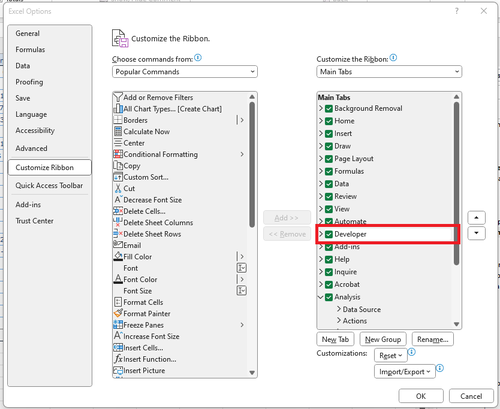 Excel Developer tab